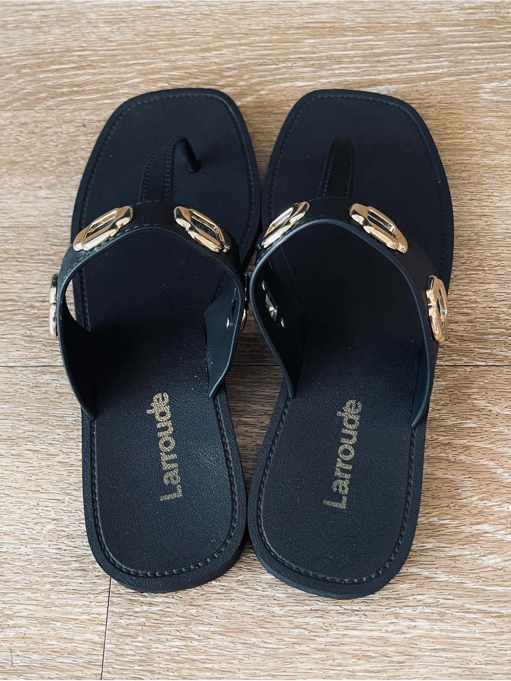 Larroude Black Sandal Thongs with Gold Buckle Detail - Picture 4 of 5